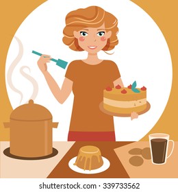 Girl are cooking Woman in the kitchen. Wife. Chef. Vector isolated illustration. Cartoon character. 