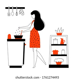 Girl cooking, young woman chef - Housewife or maid on the kitchen - Vector illustration isolated