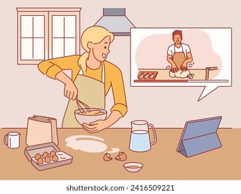 Girl cooks according to video recipe. Woman watches cooking blog, whipping eggs, online education, homemade food preparing, vlog or show channel with culinary tutorial cartoon vector concept