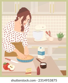 A girl cooks an apple pie in the kitchen. Bright, sunny vector illustration on the topic of cooking.