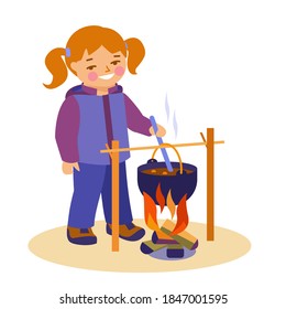 A girl cooks food on a campfire in a camp pot. Vector illustration in flat style. Isolated on white.