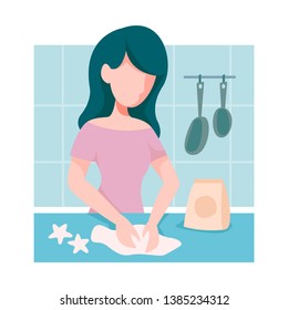 Girl cooks on the background of the kitchen. Shades are pastel. Logo for the bakery. Healthy food. Retro picture. Vector illustration in cartoon style.