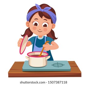 girl cooks on the stove in the pan