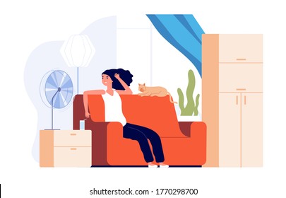 Girl cooling air fan. Hot weather, woman with cat and electrical cooled wind. Breeze in heat room, season conditioning vector illustration