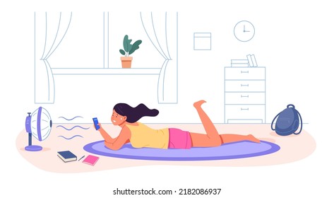 Girl cooling fan. Fun child woman lies under cold air wind electric fans with phone hand, hot heat weather in house home, relaxation sweat body brunette person vector illustration of girl summer