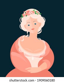 A girl in a coral dress with lace from the 18-19th century. A wreath of flowers on the head. Noble portrait. Colorful vector illustration in flat cartoon style.