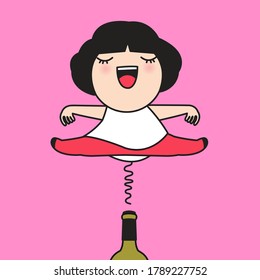 Girl With Corkscrew Bottle Opener On Her Back Getting Ready To Open A Wine Bottle Concept Card Character illustration