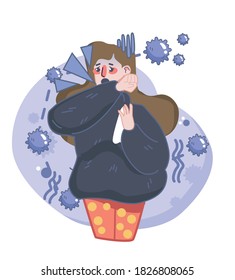 girl with coronavirus, cold, fever, illness. Sneezing, coughing girl template flat vector illustration