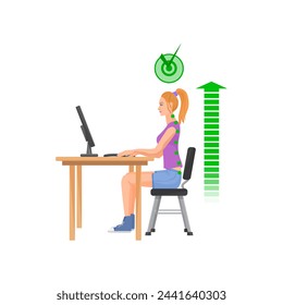 Girl in correct sitting posture at computer. Healthy spine pose, spine problems cartoon vector illustration