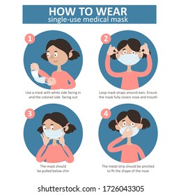 The girl correctly puts on a facial medical mask. Instruction How to wear single-use medical mask. Hand-drawn cartoon flat infographic.