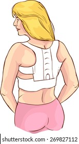 The girl in the corrector for the spine on a white background.