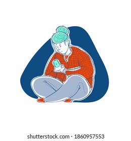 Girl corresponds in the phone. Love correspondence. Cartoon contour illustration in a vector.