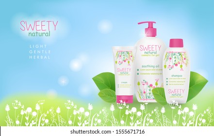 Girl Cosmetic Ads Template.  Naturel Shampoo, Cream And Oil Packagings. Realistic Mockup, Pretty Kids Design. Flowers Ornament. Vector