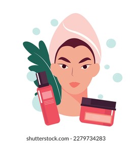  girl and cosmetic products and tools for face and body skin care. Everyday beauty routine, self love and self care concept. self care