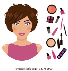 Girl and cosmetics. Cartoon character. Vector isolated illustration. Evening makeup