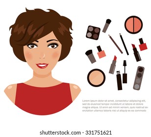 Girl and cosmetics. Cartoon character. Vector isolated illustration. Makeup