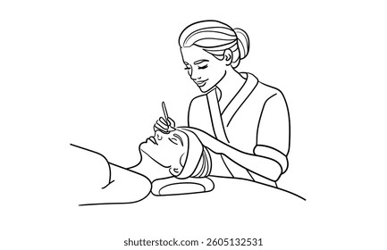 Girl cosmetologist doing a procedure to a client, continious line drawing. Care procedures, cosmetics, beauty salon outline. Vector illustration