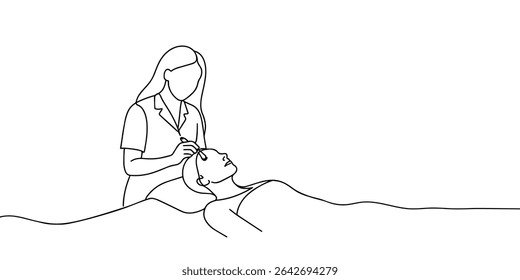 Girl cosmetologist doing a procedure to a client, continious line drawing. Care procedures, cosmetics, beauty salon outline. Vector illustration