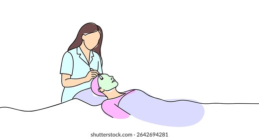Girl cosmetologist doing a procedure to a client, continious line drawing. Care procedures, cosmetics, beauty salon outline. Vector illustration