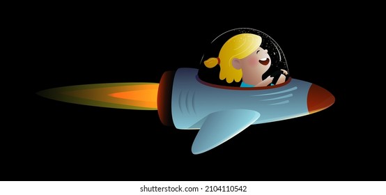 Girl Cosmonaut in outer space funny cartoon kids character. Little girl in outer space driving spacecraft. Kids clipart isolated on black background. Vector in watercolor style. 