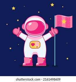 a girl cosmonaut in a pilot's flight suit holds a flag in her hand
