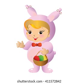 The girl in the costume of the Easter Bunny with a basket of colored eggs on white background