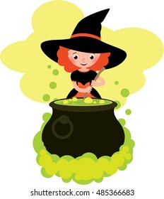 Girl in costume Halloween witch cooks a potion in the big pot Stock cartoon vector illustration