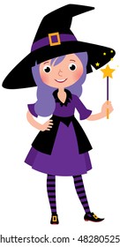 Girl in costume Halloween witch with a magic wand vector cartoon illustration