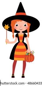 Girl in costume Halloween witch with a magic wand vector cartoon illustration