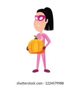 girl with costume holding pumpkin halloween