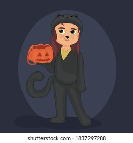 A girl in a costume for the holiday of Halloween. Trick or treat.