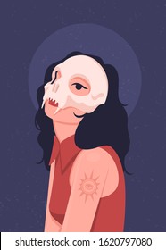 Girl in the costume of a magic witch for Halloween in a red shirt. On the head is the skull of a big cat. Flat vector illustration.