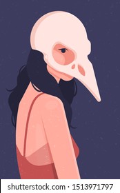 Girl in the costume of a magical witch for Halloween. On the head is the skull of a large bird. Flat vector illustration.