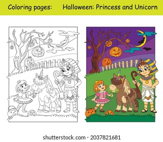 Girl in costume of princess with unicorn and Egyptian. Halloween concept. Coloring book page for children with colorful template. Vector cartoon illustration. For print, decor, education and game.