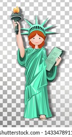 Girl in Costume of the Statue of Liberty on a transparent background. Cute redhead girl in carnival costume with a torch and a constitution. Vector illustration