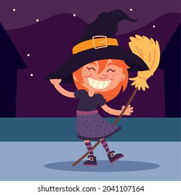 girl in costume witch with broom