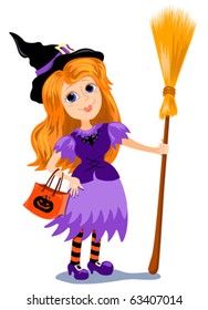 The girl in a costume of a witch with a broom. Cartoon vector illustration.