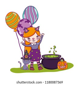 girl costumed with balloons and pot cauldron