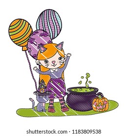 girl costumed with balloons and pot cauldron