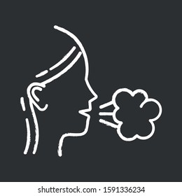 Girl cough chalk icon. Common cold. Influenza virus. Flu symptom. Grippe illness. Respiratory disease. Allergy sickness. Healthcare. Sneeze. Tuberculosis. Isolated vector chalkboard illustration