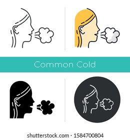 Girl cough icon. Common cold. Influenza virus. Flu symptom. Grippe. Respiratory disease. Allergy. Healthcare. Sneeze. Tuberculosis. Flat design, linear and color styles. Isolated vector illustrations