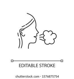 Girl cough linear icon. Common cold. Flu symptom. Respiratory disease. Allergy. Healthcare. Tuberculosis. Thin line illustration. Contour symbol. Vector isolated outline drawing. Editable stroke