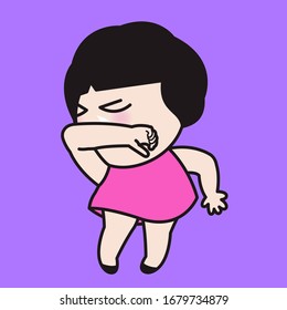 Girl Coughing Or Sneezing Into Arm Or Elbow. The Key To Stop Spreading Disease. Virus Control and Prevention Tips Concept Card Character illustration