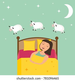 Girl counting sheep to fall asleep vector illustration.