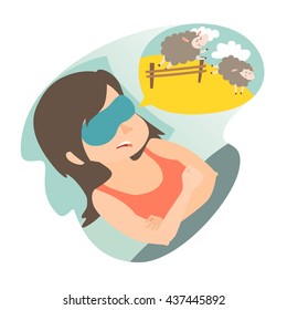 Girl with counting sheep. Stress, problem of sleep, insomnia concept. Cartoon woman at bad. Sheep jumping over the fence. Vector illustration on white background. Flat sticker.