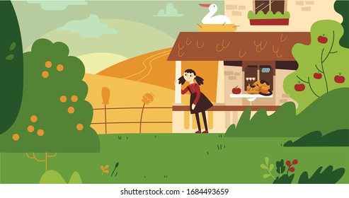 Girl in a country house in the garden watching dawn surrounded by nature 