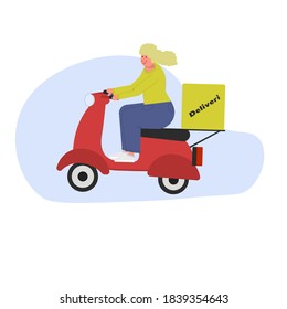 Girl courier blonde without helmet courier on a scooter. Vector illustration in flat style.