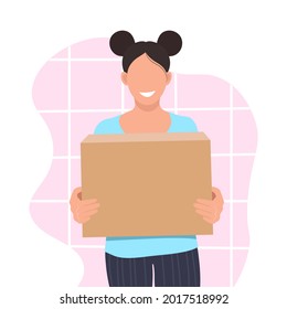 Girl courier delivery services with large box. Packaging for delivery of the good. Pink background. Vector illustration