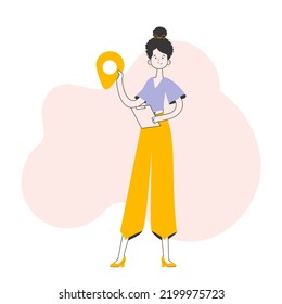 Girl Courier holding tablet and geolocation tag. Line art style. Vector illustration.