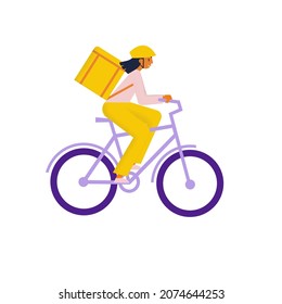 Girl Courier On A Bike With Parcel Box On A Back. Bicycle Delivery Woman Carrying Package. Ecological City Transport. Flat Vector Illustration